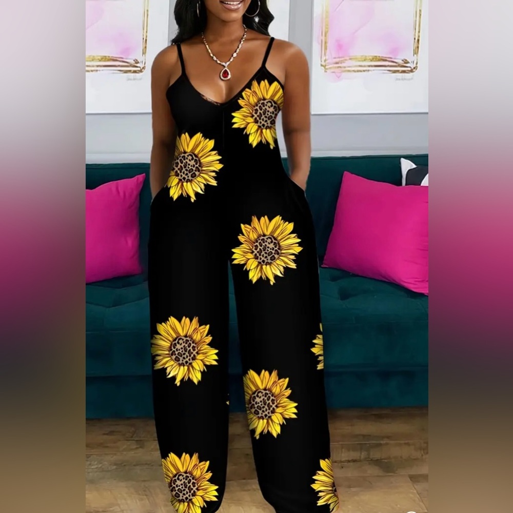 NWT - Sunflower Print Black Jumpsuit